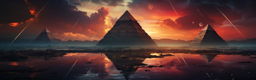 three pyramids under a red dusk sky with falling meteors