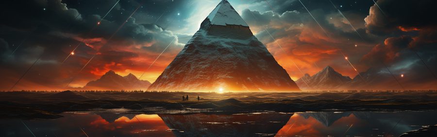 giant snow-capped pyramid under shooting stars and an ember sky