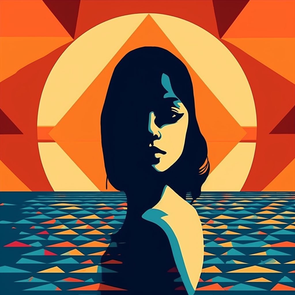 silhouetted portrait against an orange geometric sun over a patterned sea