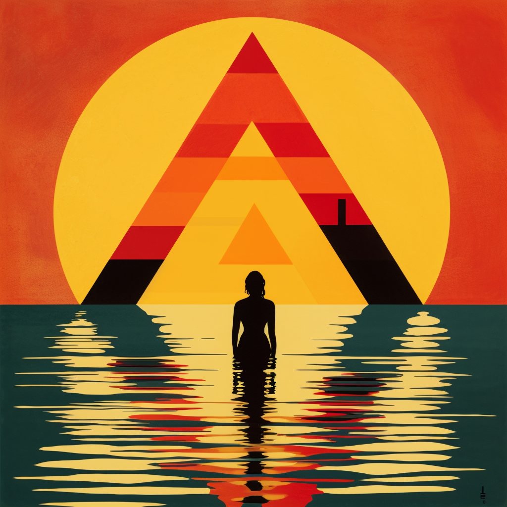 figure standing in water before a huge sun and striped triangle
