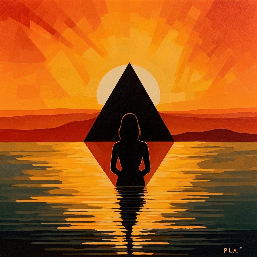 silhouette in the sea before a black triangle and orange sun