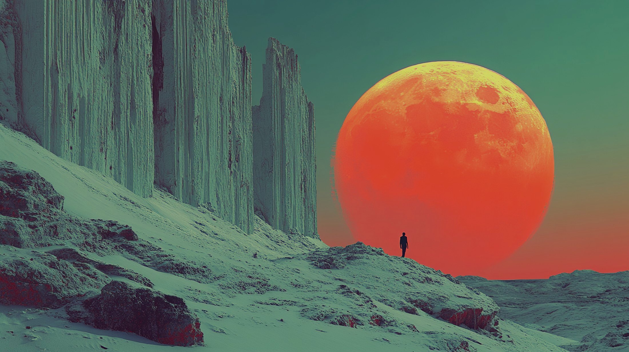 a lone figure before a giant red moon rising over white alien ridges
