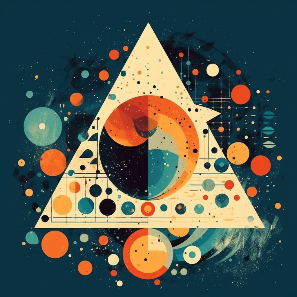 dot-grid sun and moon inside a cream triangle on deep teal