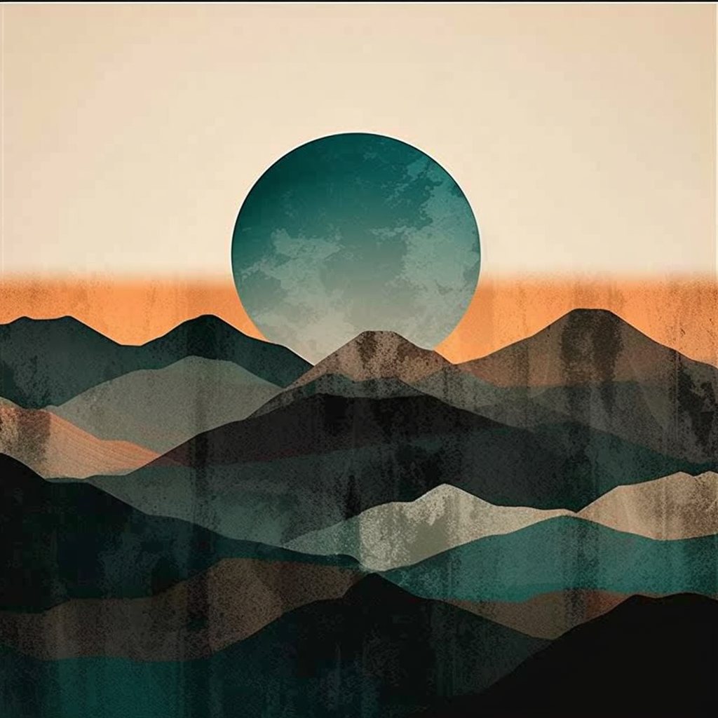 teal moon rising over layered dark mountains